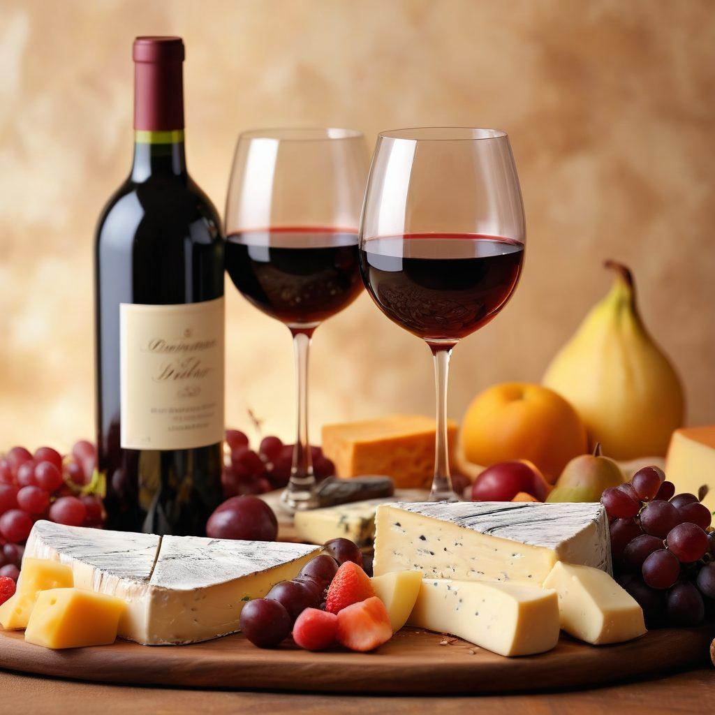 A beautifully set dinner table adorned with elegant wine glasses, rich red and white wines swirling in them, surrounded by an inviting spread of gourmet cheeses and delectable fruits. Soft candlelight casts a warm glow, enhancing the intimate atmosphere of a joyful celebration. A couple sharing a tender moment, laughing and clinking their glasses, exuding the essence of love and connection. Rich textures and deep colors evoke a sense of indulgence and pleasure, inviting the audience to feel the joy of wine pairings. super-realistic. warm tones. soft focus.