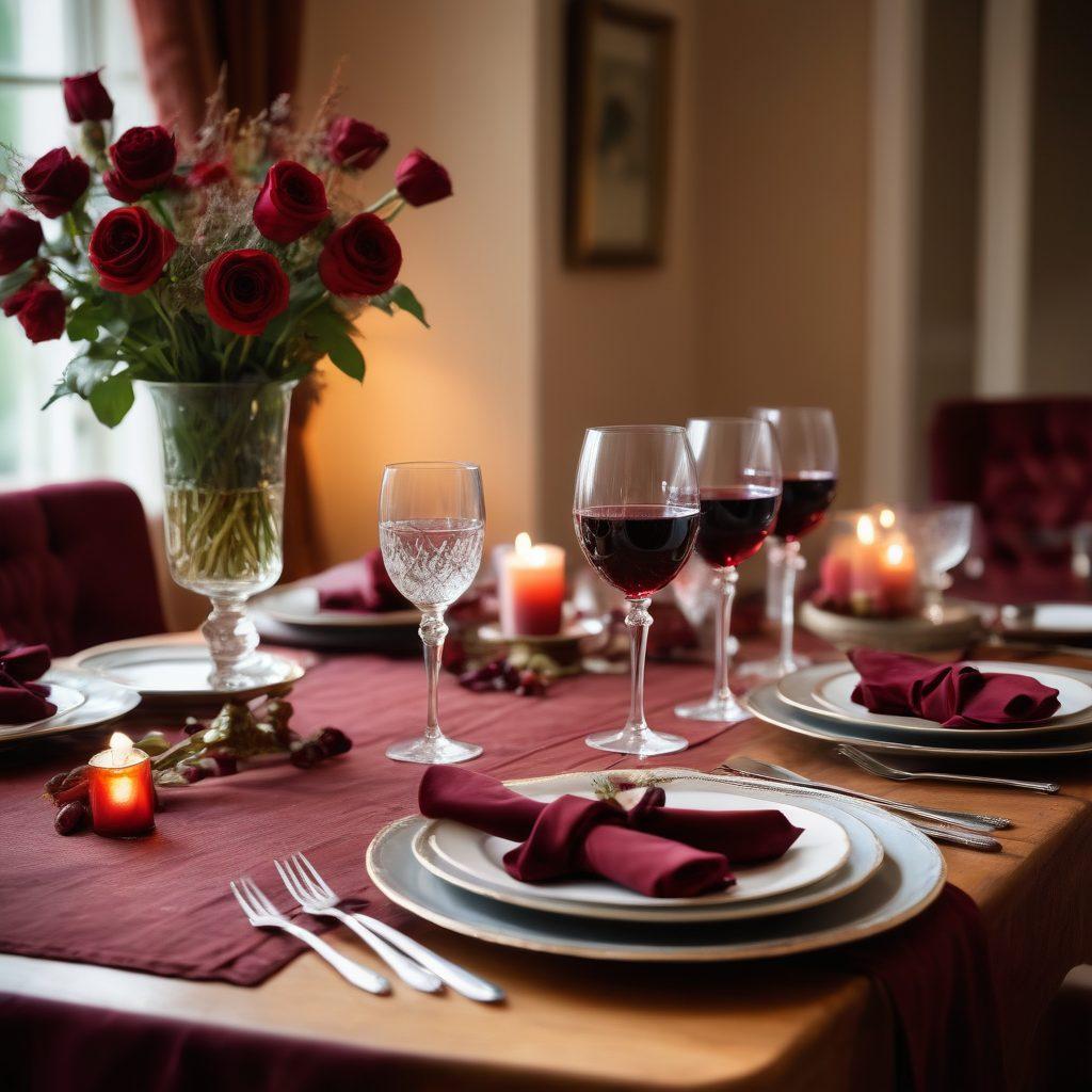 A romantic setting featuring a beautifully laid dining table with exquisite vintage wine glasses filled with rich red wine. Soft candlelight illuminates the scene, highlighting delicate florals and luxurious textures, inviting couples to indulge in intimacy. Include subtle elements of vintage decor, such as antique tableware and softly flowing linens. The background fades into a dreamy atmosphere, enhancing the mood of elegance and pleasure. super-realistic. warm tones. soft focus.