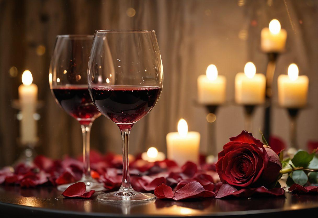 A glass of red wine elegantly tilted, with rich droplets glistening on the surface, set against a softly lit romantic dinner table adorned with candles and rose petals. In the background, a cozy atmosphere with blurred fairy lights enhances the mood, suggesting warmth and intimacy. Subtle hints of passion and celebration around the glass evoke a sensory experience. soft focus. romantic ambiance. warm colors.